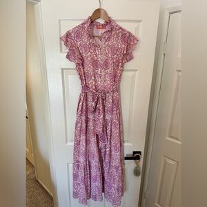 EUC Oliphant Pink and White Ruffle Collar Maxi Dress